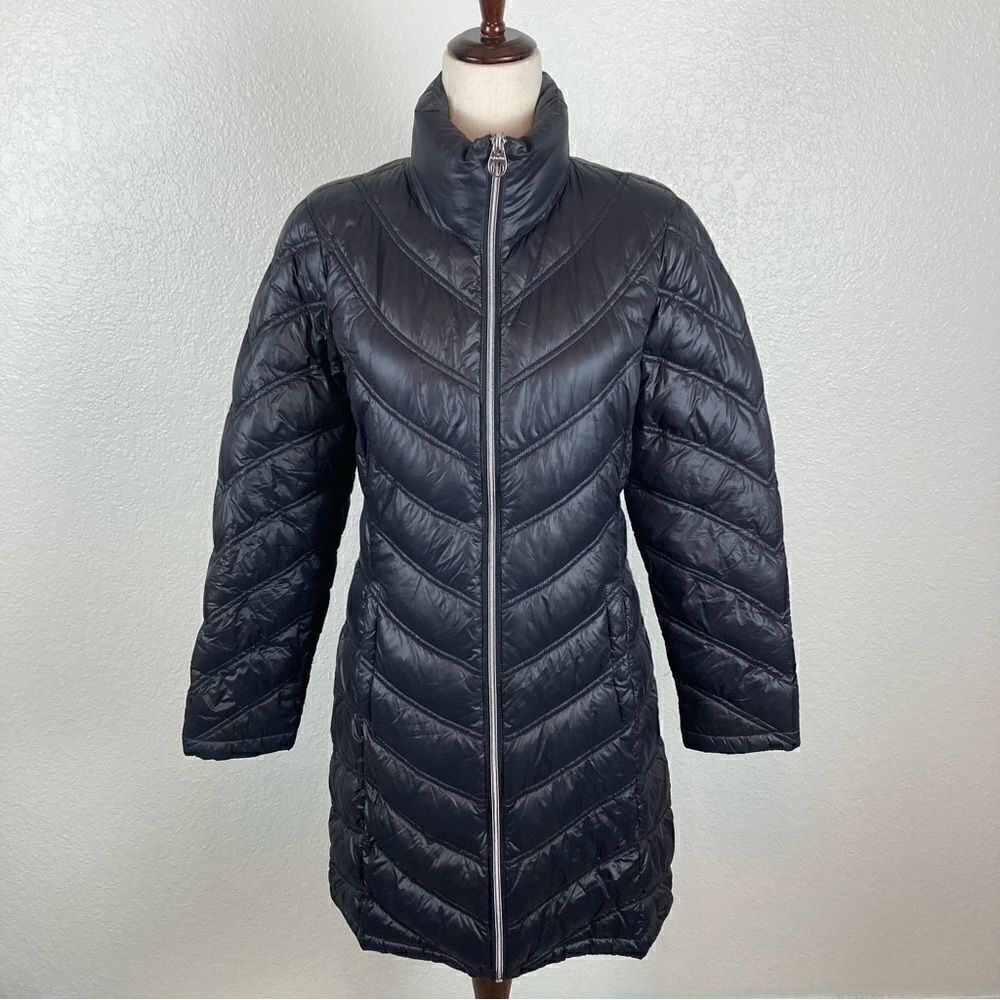 CALVIN KLEIN‎ Long Packable Black Down Blend Chevron Coat S